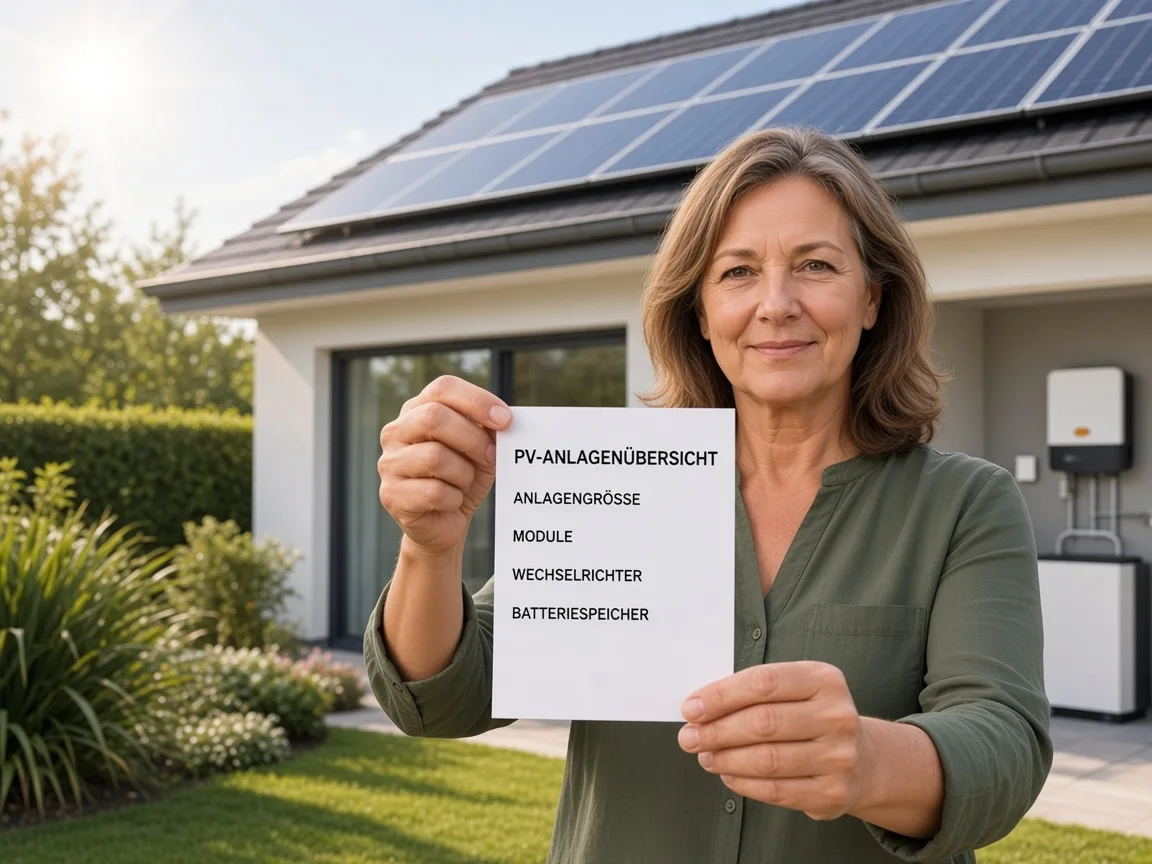 Hausbesitzerin mit PV-Anlagenübersicht vor einem Eigenheim